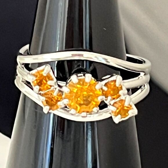 Vintage Jewelry - Vintage 1960s Cocktail Ring Silver Orange Rhinestones Mid Century Modern - 4K